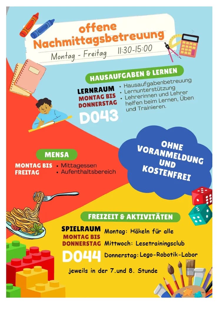 Liebe Schülerinnen und Schüler, ab der kommenden Woche startet das komplette Programm der offenen Nachmittagsbetreuung an der MPS. Im Flyer findet Ihr alle wichtigen Informationen zu den Angeboten, Zeiten und weiteren Details.